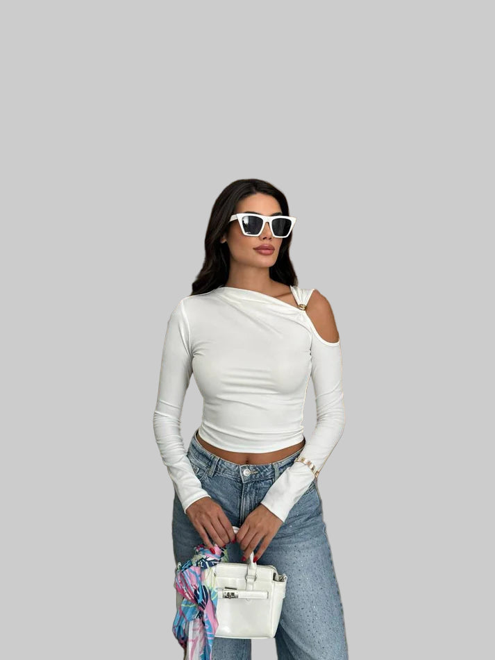 Asymmetrisk topp med en axel och långa ärmar med metallring