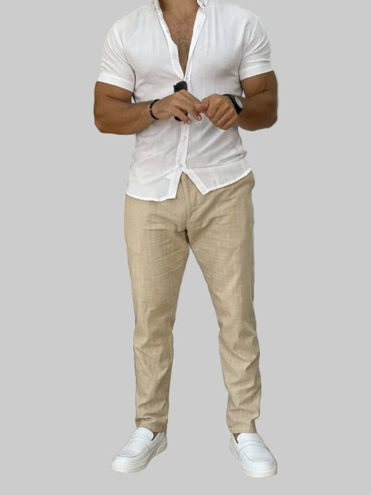 Men’s Front-Pleated Straight-Leg Trousers with Button and Zip Closure