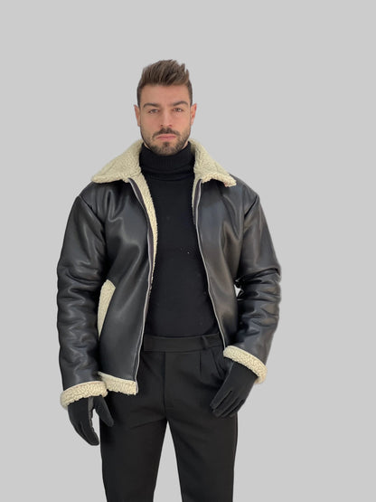 Herrjacka i konstskinnsfoder med dragkedja och bred krage