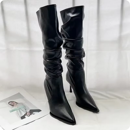 Knähöga Stövlar – Slouchig Form & Spetsig Tå Stiletthäl